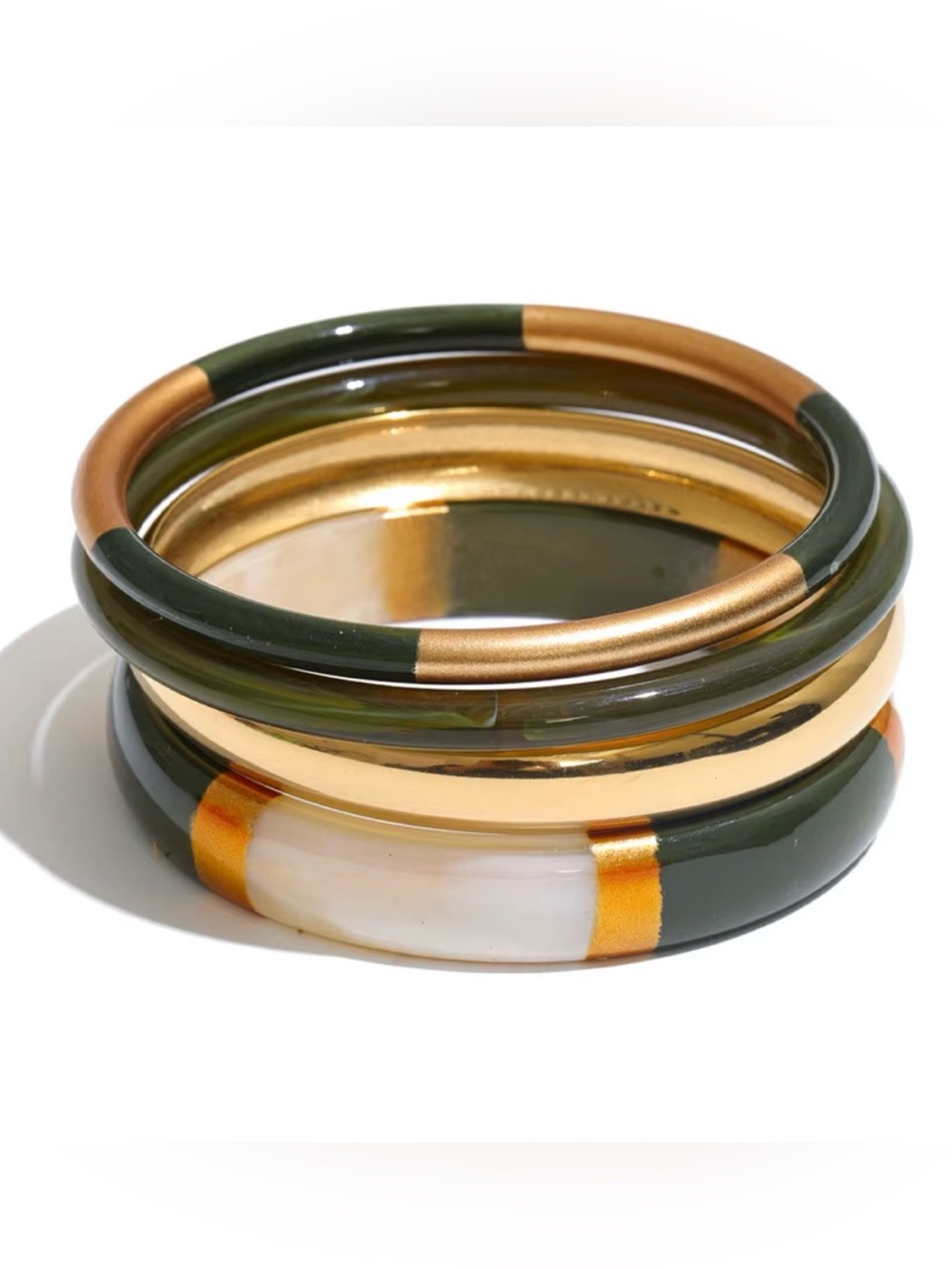 Olive Green and Gold 18k Gold Plated Stainless Steel Resin Stackable Bangle Set